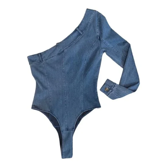 JuxLabel Denim One Shoulder Bodysuit Women's Medium Wash - Picture 6 of 7